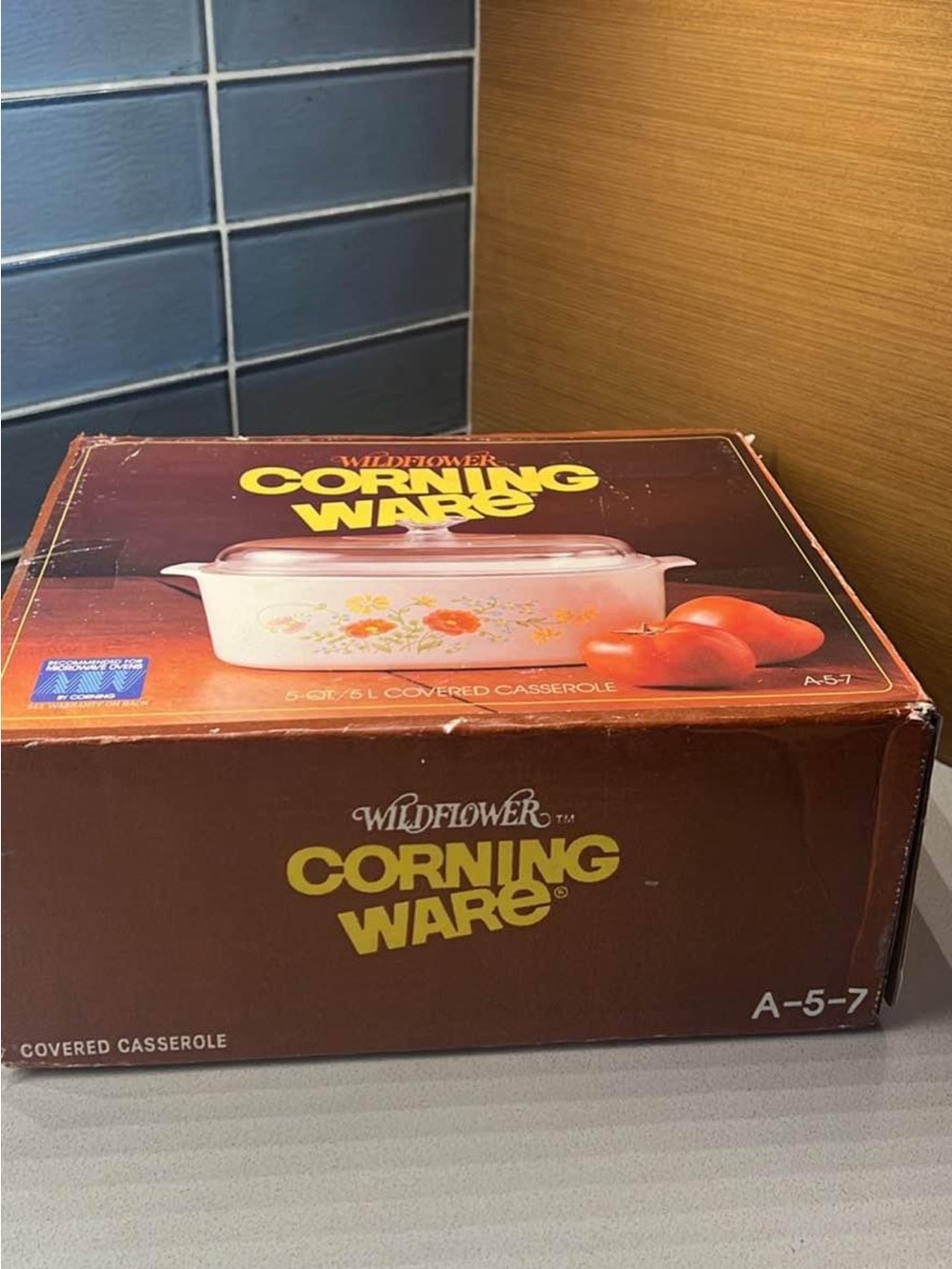 Vintage Corningware White Casserole with Orange and Yellow Floral Pattern